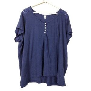 VTG Y2K Pink K Womens 3X Shirt Blue Stretch Lace Buttons Pullover Short Sleeve